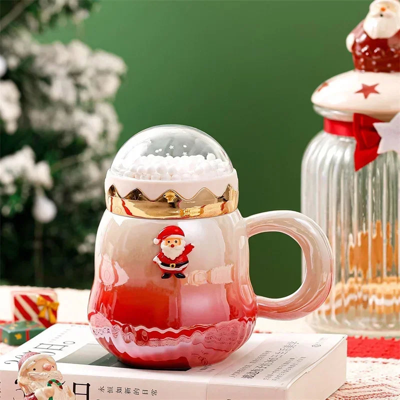 Axyaa Ceramic Christmas Mug with Lid - Santa Claus Design - 500ml