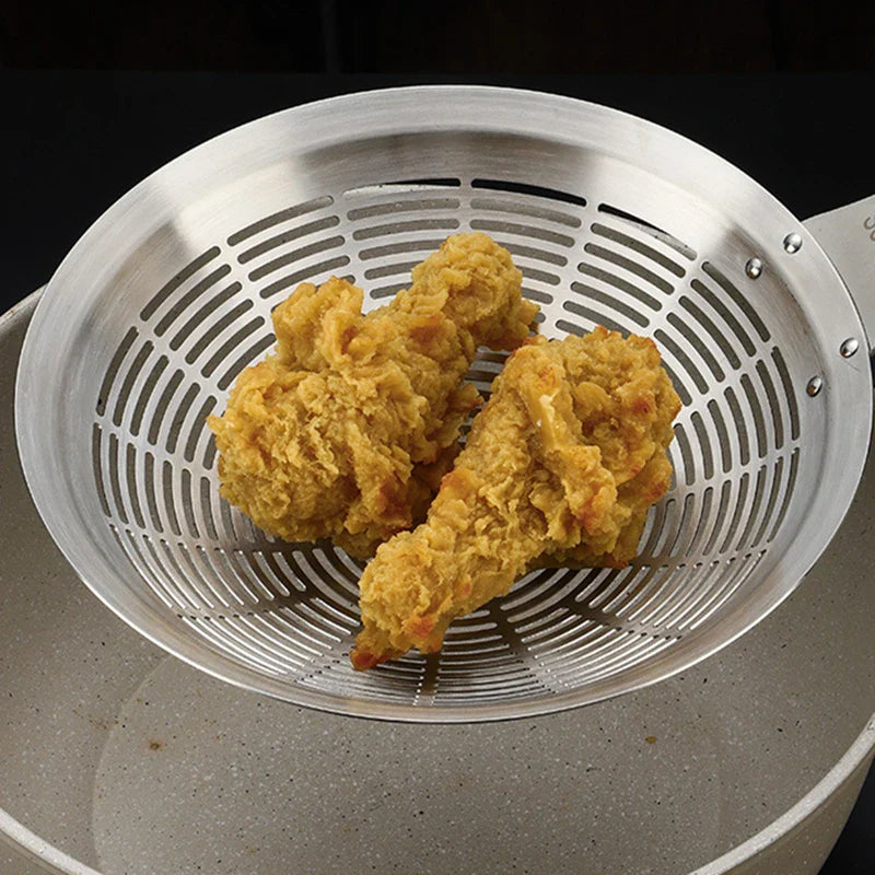 Axyaa Stainless Steel Large Colander with Wooden Handle - Kitchen Strainer Skimmer