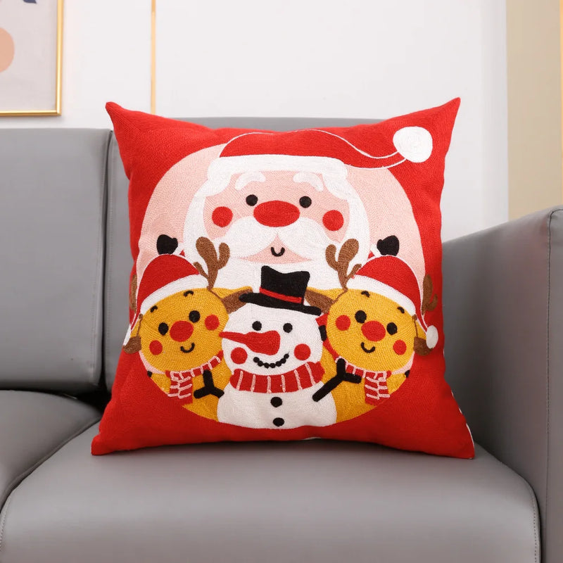 Embroidered Santa Deer Snowflake Pillow Cover 45x45cm for Sofa Bed by Axyaa