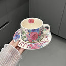 Axyaa Ceramic Latte Cups Set with Floral Pattern in Retro Glaze