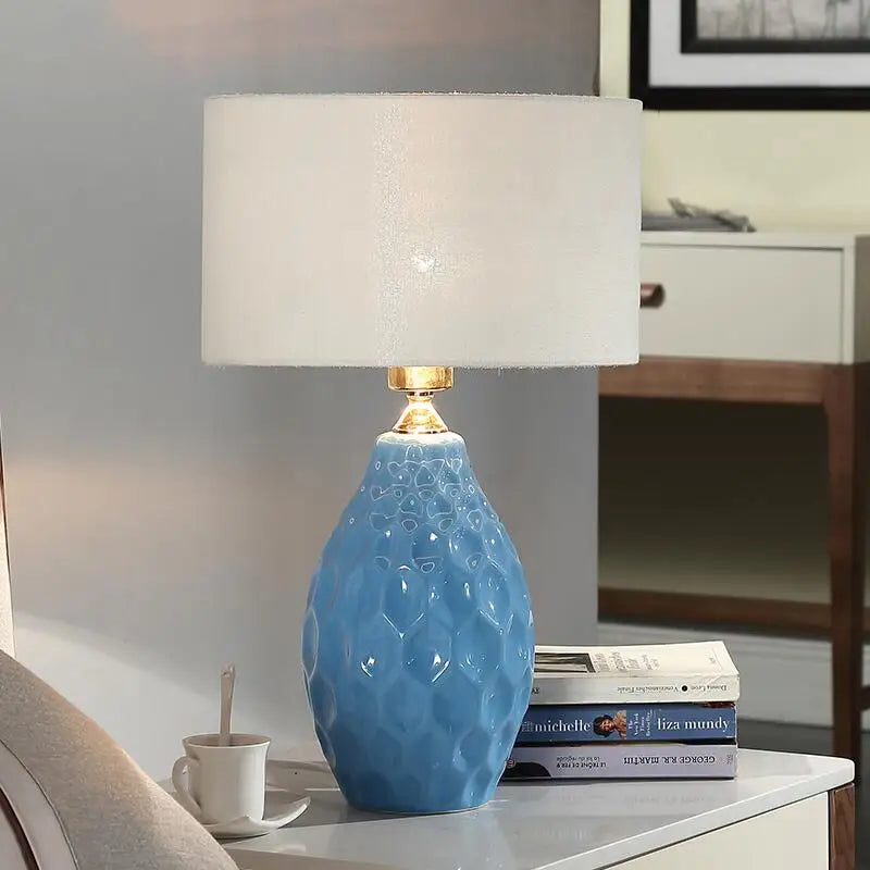 Axyaa White Ceramic Table Lamp with Remote Control and Fabric Shade