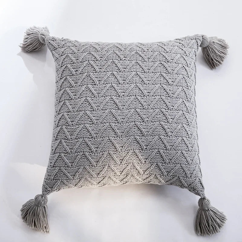 Axyaa Soft Knit Cushion Cover 45x45cm Solid Pillow Case with Tassels