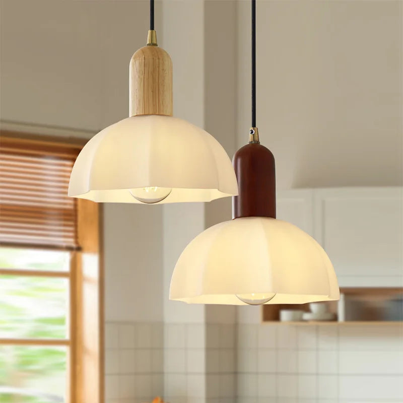 Axyaa White Glass LED Pendant Lights with Wood Handle - Modern Living Room Décor