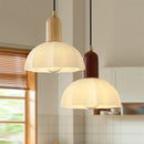 Axyaa White Glass LED Pendant Lights with Wood Handle - Modern Kitchen Decor