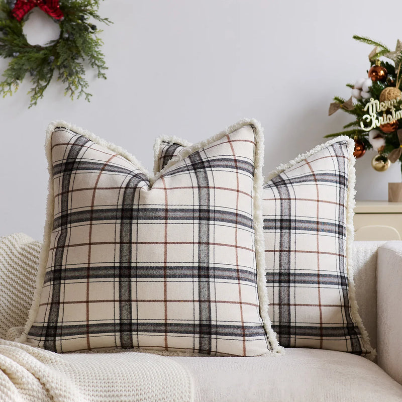 Axyaa Christmas Tartan Plaid Cushion Cover Red Green Ivory 45x45cm 50x50cm