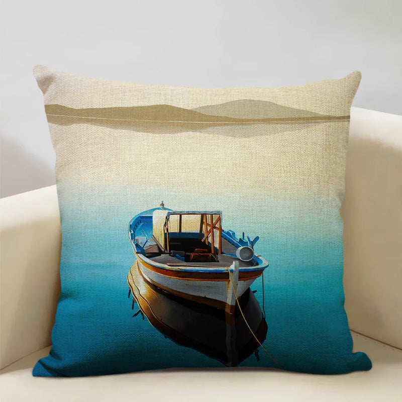 Axyaa Boat Pattern Linen Cushion Cover for Home Sofa Decor