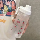 Axyaa Cherry Frosted Plastic Water Bottle with Straw, 500ML