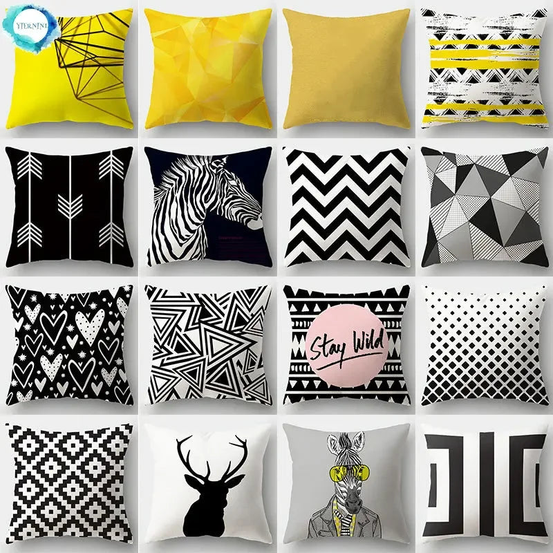 Yellow Black Geometric Cushion Cover - Wave Line Design by Axyaa