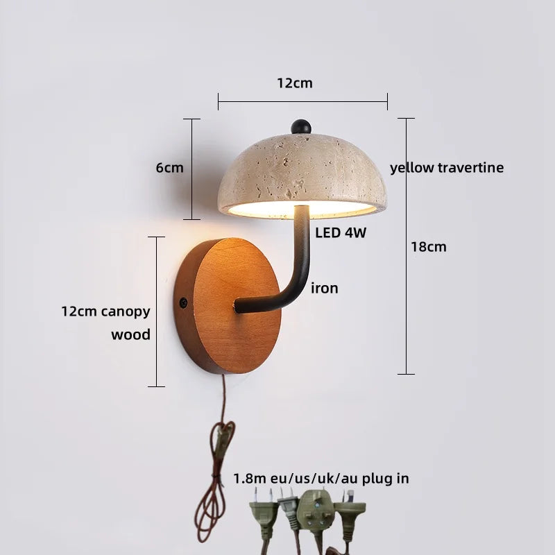 Axyaa Wabi Sabi LED Wall Lamp Sconce Black Iron Arm Yellow Travertine Stair Light