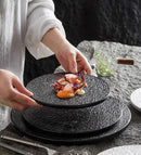 Axyaa Stone Grain Ceramic Steak Plate - Round Flat Dim Sum Sushi Plate