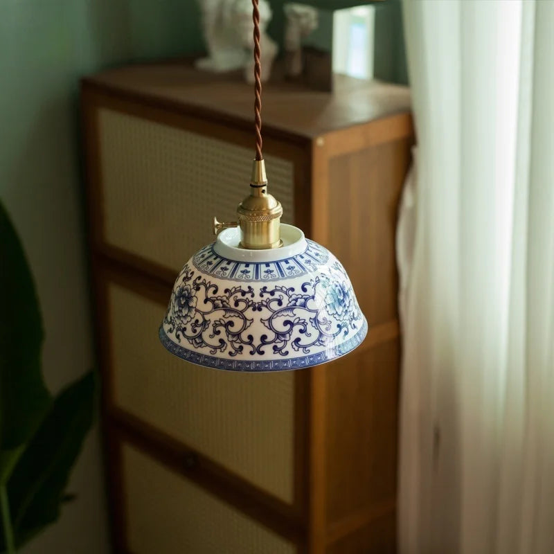 Axyaa White Blue Ceramic LED Pendant Lamp Retro Gold Brass Hanging Light