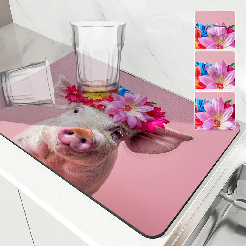 Axyaa Absorbent Coffee Dish Mat: Non-Slip Animal & Plant Design, Quick Dry Kitchen & Bathroom Drain Pad