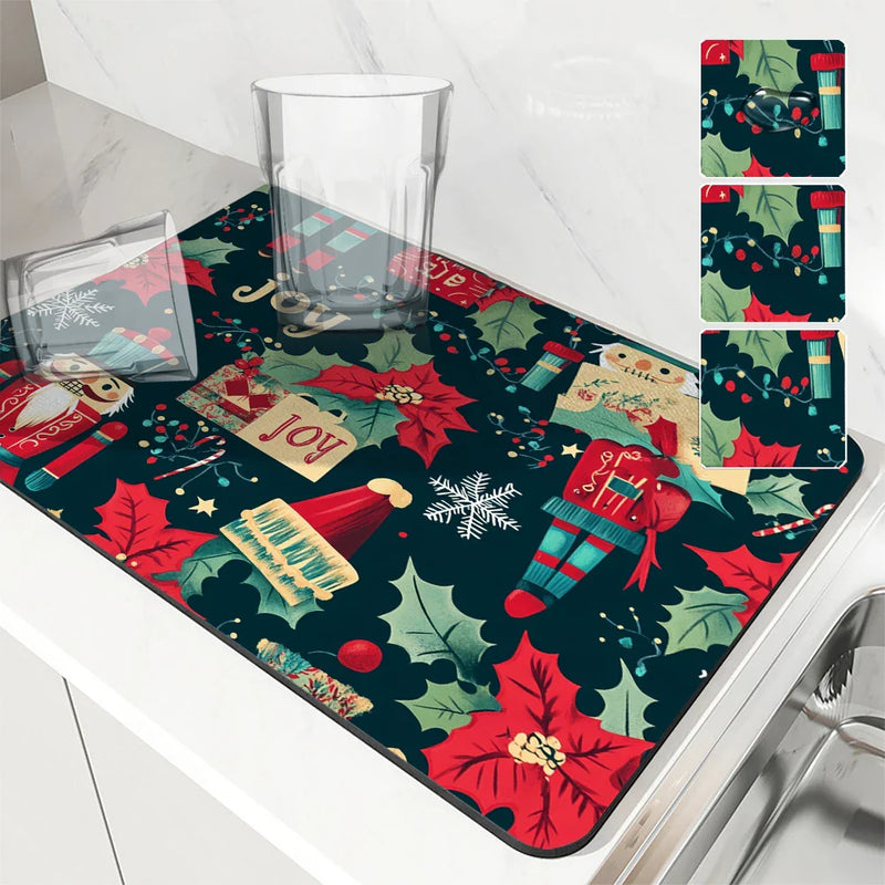 Axyaa Christmas Holly Absorbent Dry Mat for Dishes and Cups