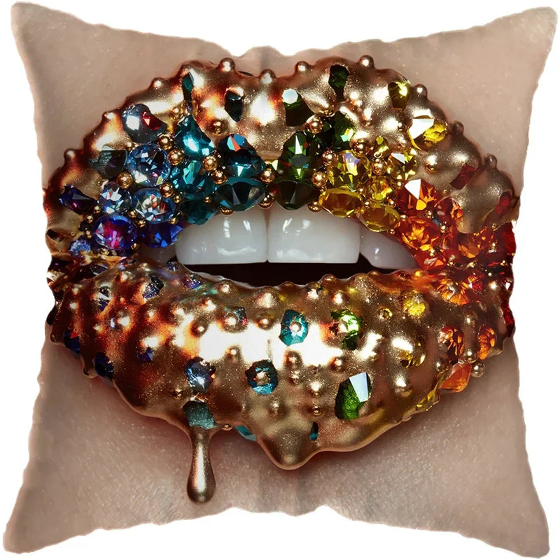 Pink Gold Lips Cushion Cover by Axyaa: Modern Nordic Diamond Painting Home Decor