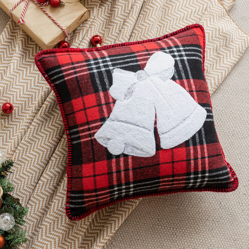 Axyaa Snowflake Jingle Bell Cushion Cover 45x45cm Checkered Christmas Pillow Case