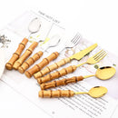 Axyaa Gold Bamboo Handle Dinner Fork Set - Stainless Steel Cutlery Set