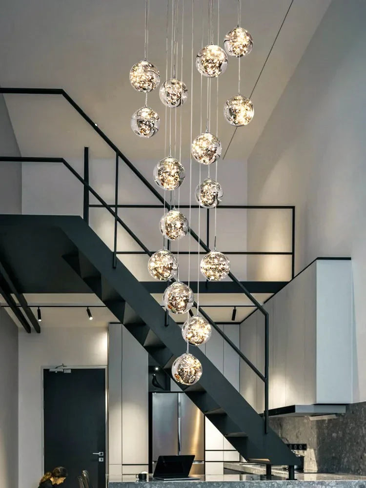 Axyaa Minimalist LED Glass Chandelier, Round Ball Gold Hanging Lights for Staircases