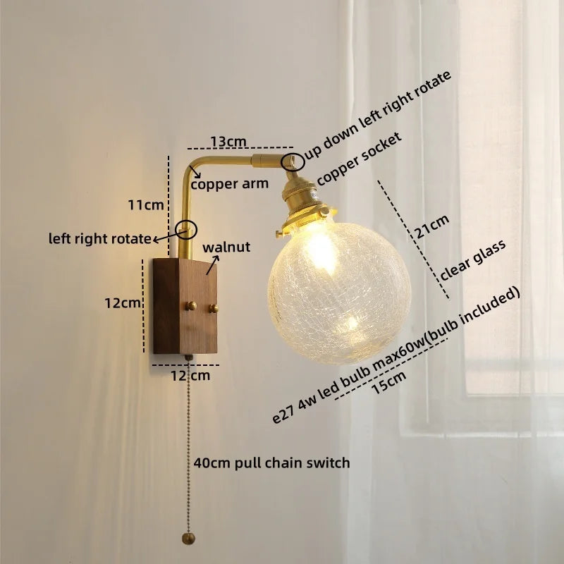 Axyaa Glass Copper LED Wall Lights Modern Bedside Lamp for Home Decor