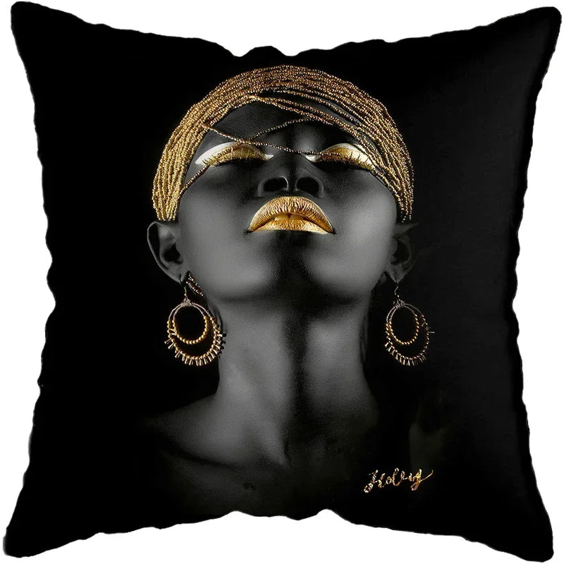 Axyaa Black Gold African Lady Woman Art Deco Pillowcase