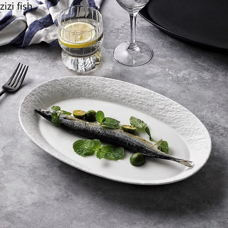 Axya Rock Texture Ceramic Fish Plate Salad Pasta Sushi Restaurant Tableware