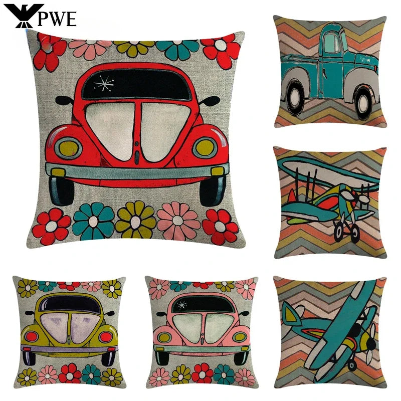 Axyaa Retro Car Pattern Cushion Cover Linen Pillowcase 45*45cm