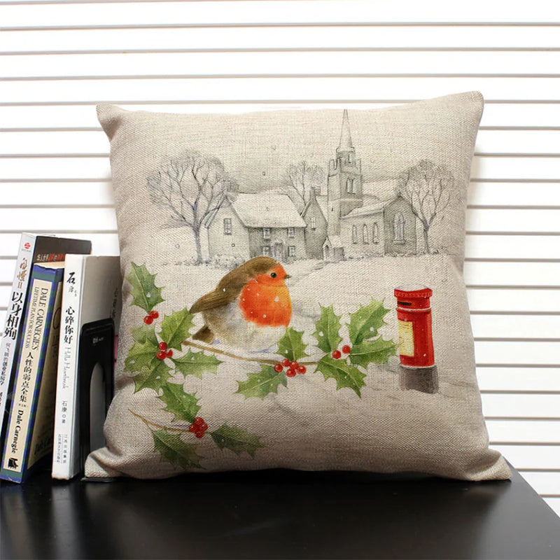Axyaa Christmas Bird Snow Pattern 45x45cm Linen Pillow Case Home Sofa Decoration