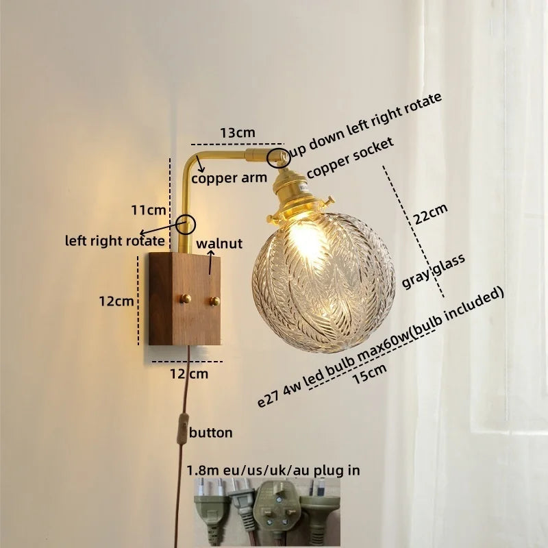 Axyaa Glass Copper LED Wall Lights Modern Bedside Lamp for Home Decor
