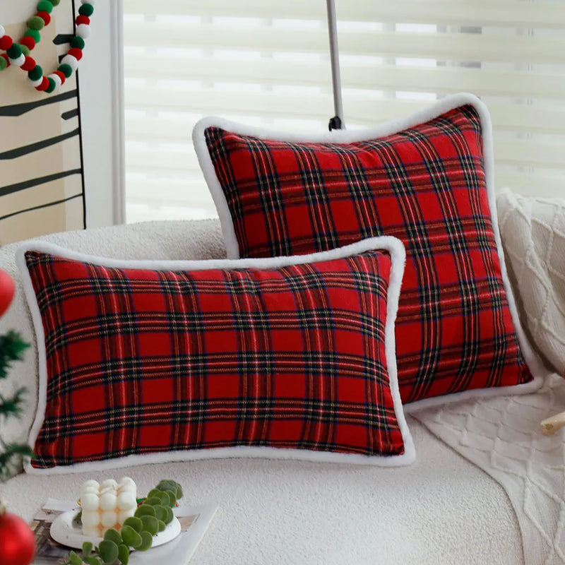 Axyaa Red Plaid Cushion Cover with White Plush Edge for Living Room and Bedroom