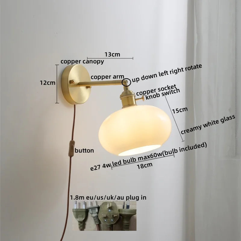 Axyaa Copper Glass LED Wall Lamps Pull Chain Switch Modern Stair Light Fixtures