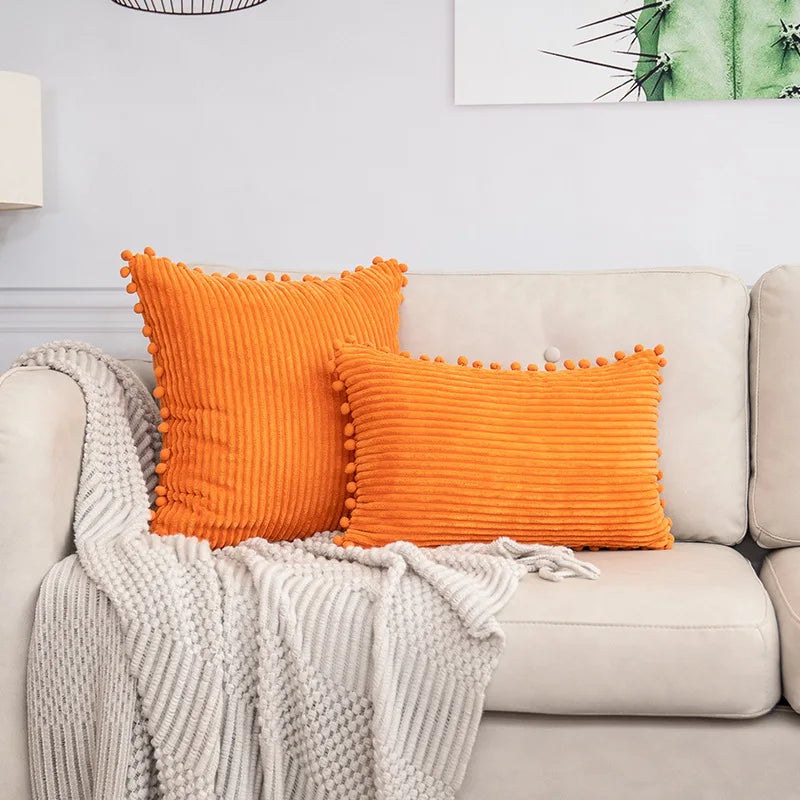 Lumbar Corduroy Boho Cushion Cover with Pom Pom Detail by Axyaa