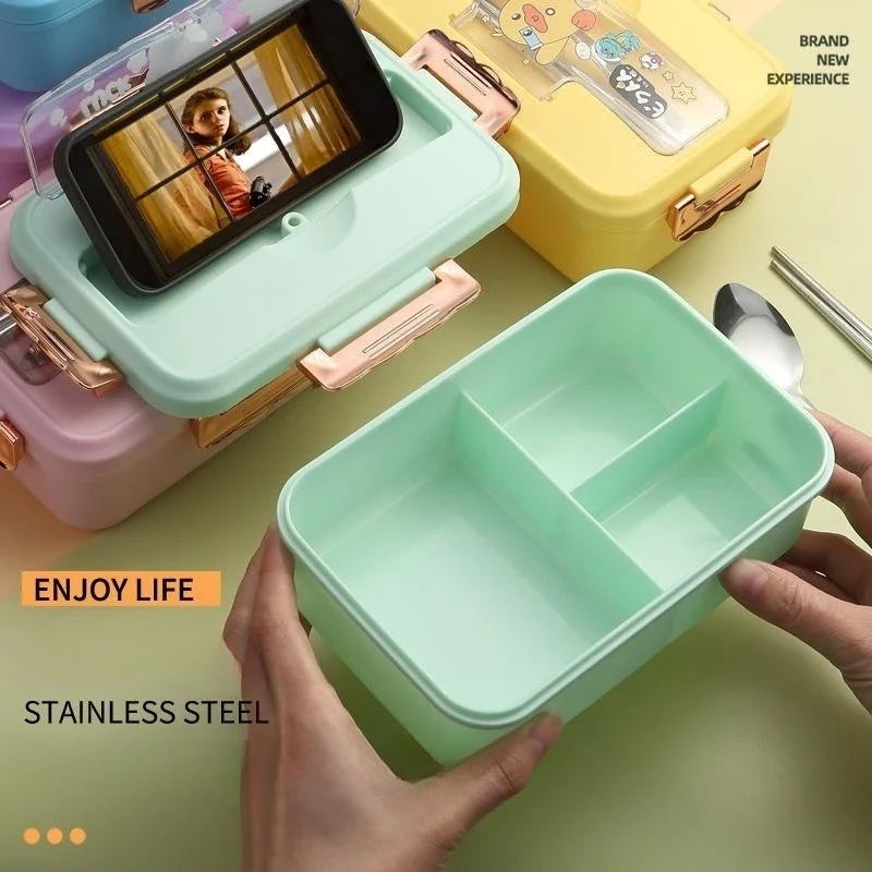 Axyaa Cartoon Pattern Bento Box with Cutlery, 3 Grid, Microwave-Safe Office Lunch Box