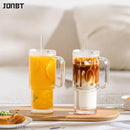 Axyaa Glass Tumbler Cup with Handle Lid & Straw, 24oz Reusable Big MAC Iced Coffee Mug