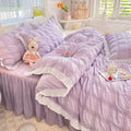 Axyaa Seersucker Ruffle Bedding Set - King/Queen Solid Color Princess Style Cotton Comforter Cover