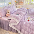 Axyaa Seersucker Ruffle Bedding Set - King/Queen Solid Color Princess Style Cotton Comforter Cover