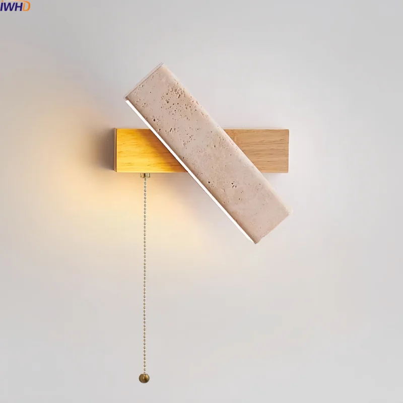 Axyaa Yellow Stone Wood Nordic LED Wall Light with Pull Chain Switch