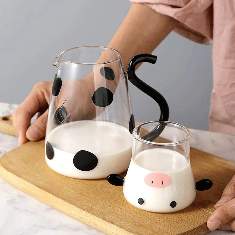 Axya Glass Cow Kettle Set: Transparent Water Carafe, Cup, Coffee Jug