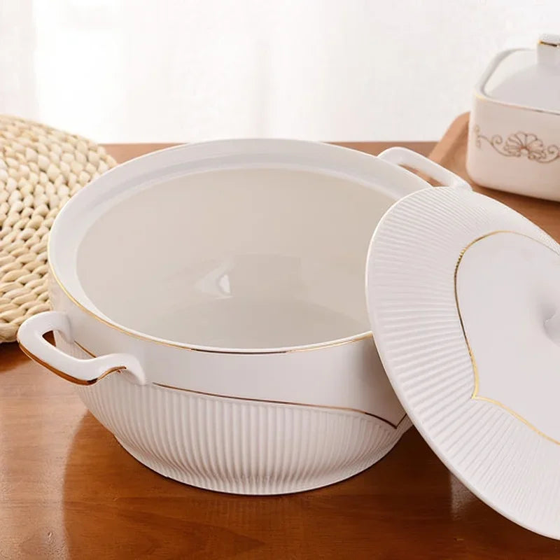 Axya Nordic White Ceramic Soup Pot with Lid, 2.6L Large Bowl