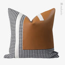 Axyaa Houndstooth Orange-Gray Leather Stitching Pillow for Home and Hospitality