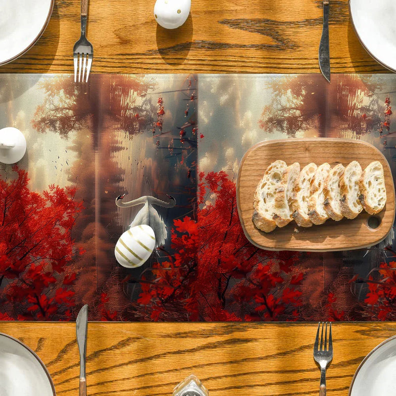Axyaa Red Maple Swan Lake Table Runner for Home Decoration
