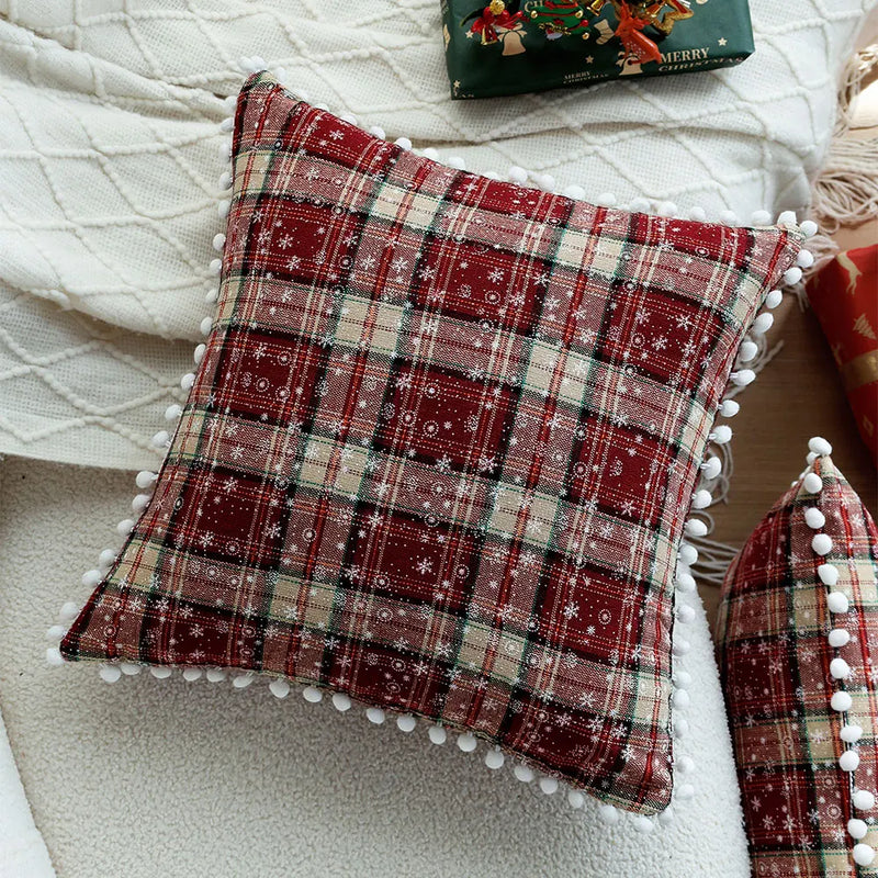 Axyaa Double-Sided Plaid Christmas Cushion Cover with Balls, 45x45 Snow Throw Pillow
