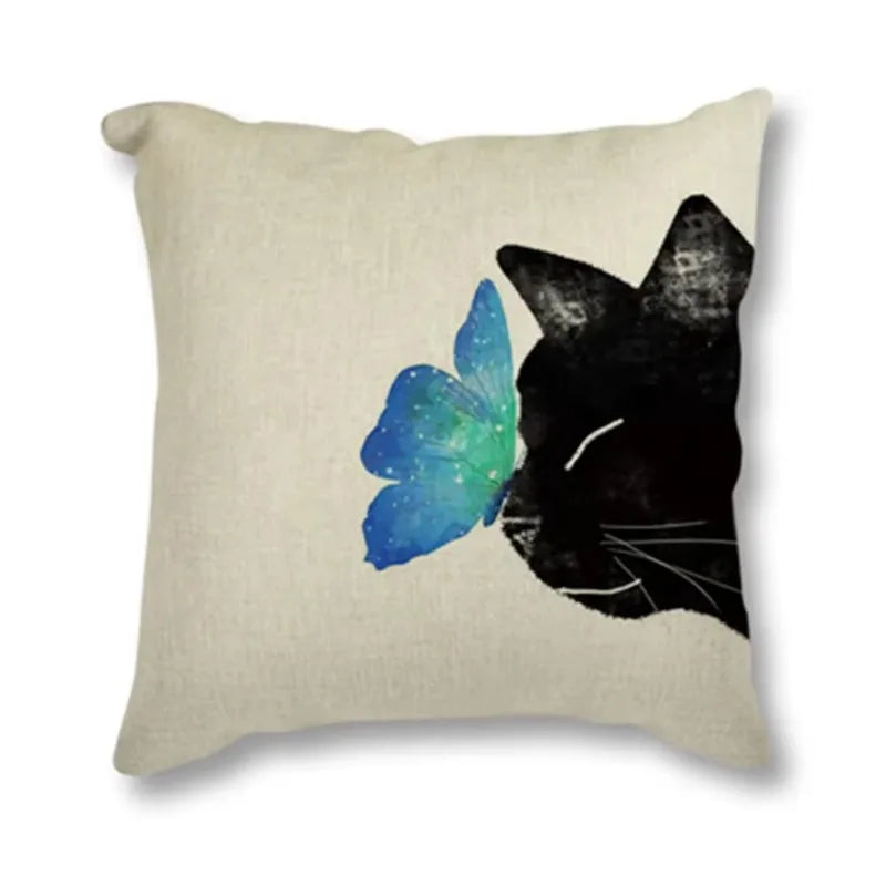 Black Cat & Butterfly Print Linen Cushion Cover by Axyaa - 45x45CM
