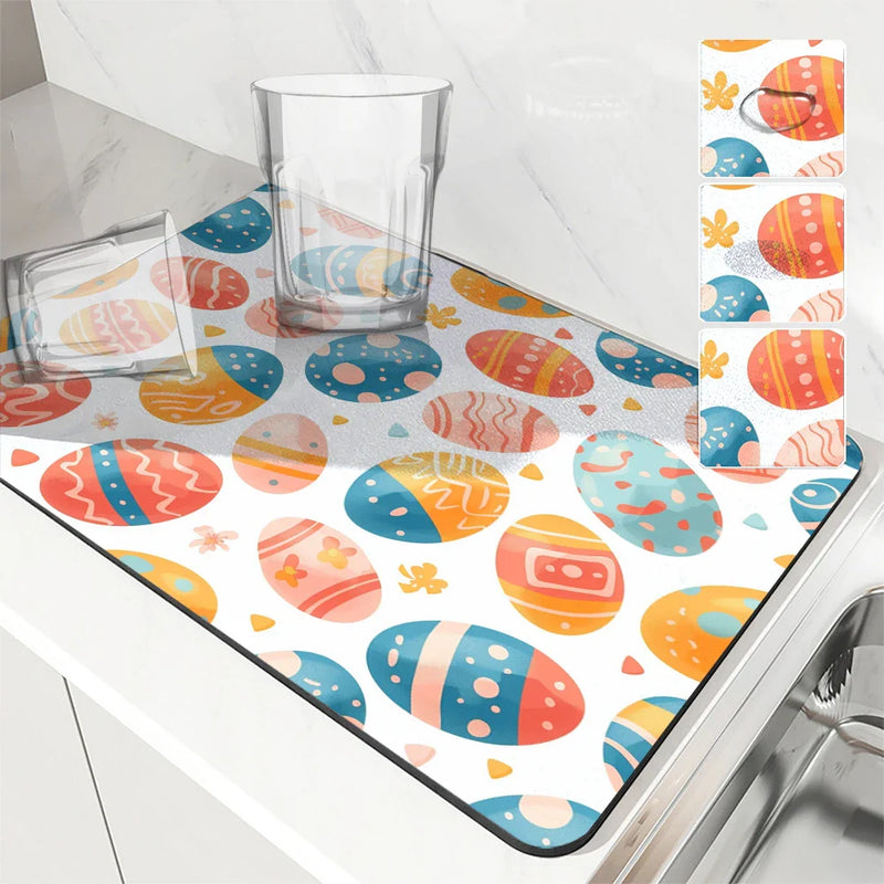 Axyaa Easter Egg Plants Absorbent Rubber Backed Drying Mat for Kitchen & Bathroom