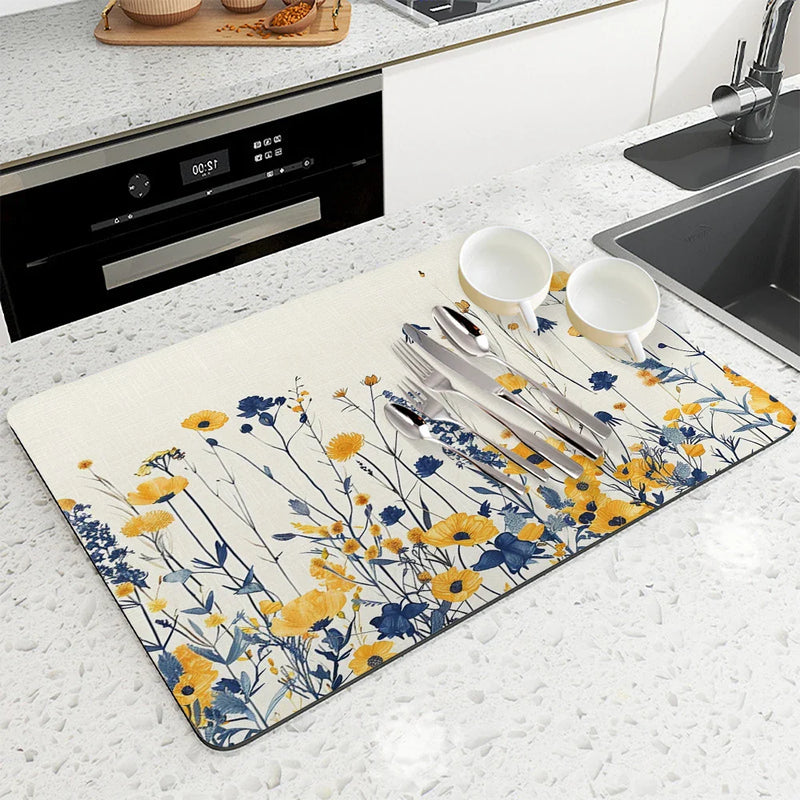 Axyaa Spring Flowers Kitchen Mat Absorbent Antiskid Quick Dry Bathroom Tableware Drain Pad