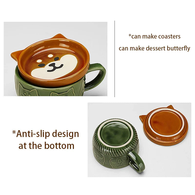 Axya 300/450ml Ceramic Animal Mug Set with Lid, Saucer, and Spoon