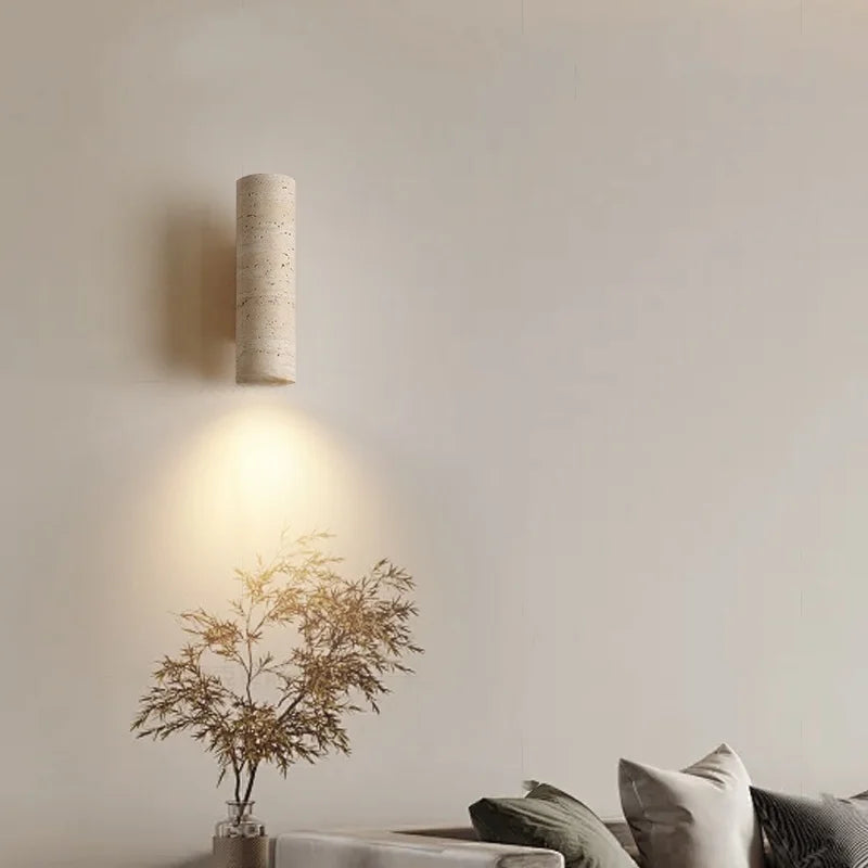 Axyaa Round Yellow Travertine LED Wall Lamp Indoor Decor Stone Wood Stair Light
