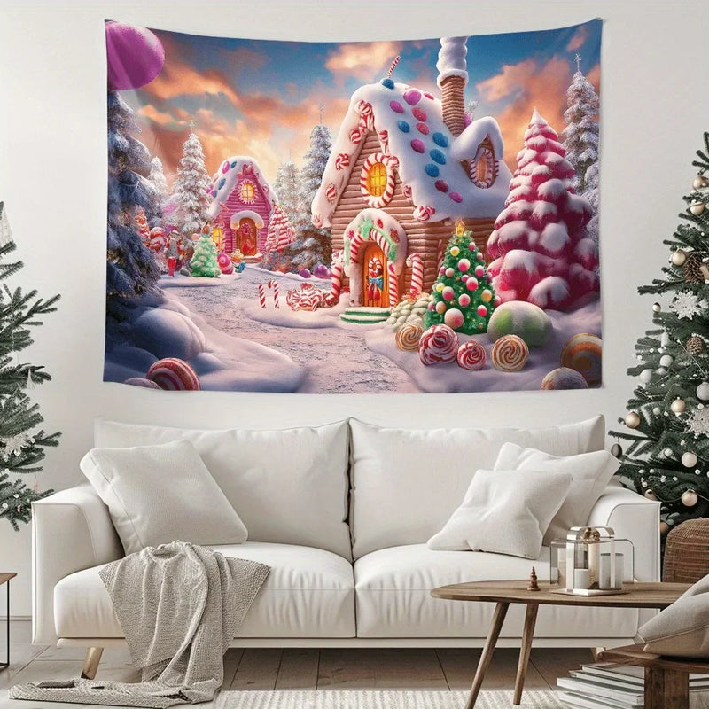 Axyaa Christmas Candy House Tree Wall Tapestry for Home and Outdoor Parties