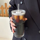 Axyaa Striped Glass Coffee Cup with Straw, Large Capacity Cold Drink Cup