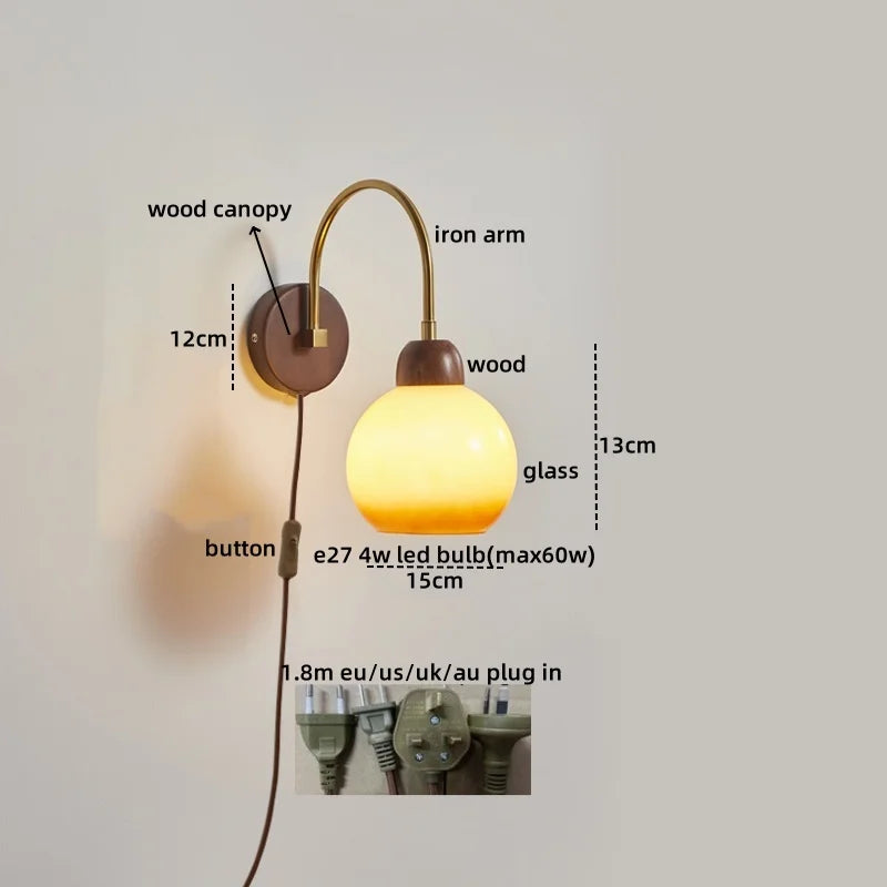 Axyaa Modern Wood Glass LED Wall Light for Bedroom and Living Room