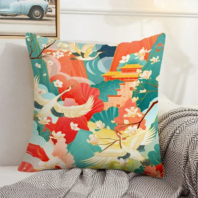 Axyaa Chinese Landscape Pillowcase 40x40 50x50 Cushions Covers Home Decor