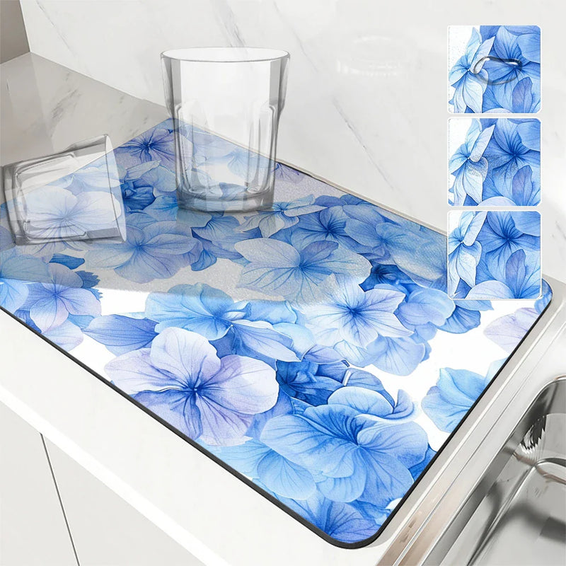 Axyaa Hydrangeas Watercolor Drying Mat: Non-Slip Absorbent Tableware Mat
